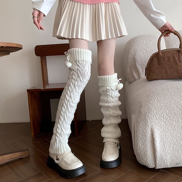 Doowex-Plain Pom Pom Cable Knit Leg Warmers