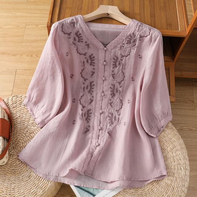 Doowex-Puff-Sleeve V-Neck Lace Blouse