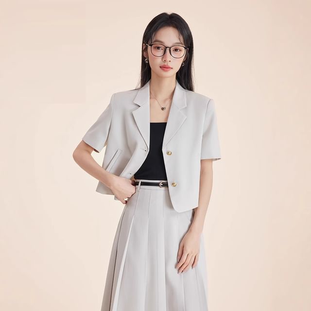 Doowex-Short-Sleeve Lapel Collar Plain Single Breasted Blazer High Waist Plain Midi Pleated Skirt Set