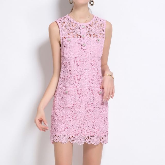 Doowex-Sleeveless Round Neck Plain Rhinestone Button Crochet Lace Mini A-Line Dress