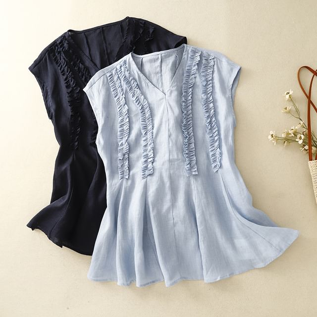 Doowex-Sleeveless V-Neck Plain Linen Top