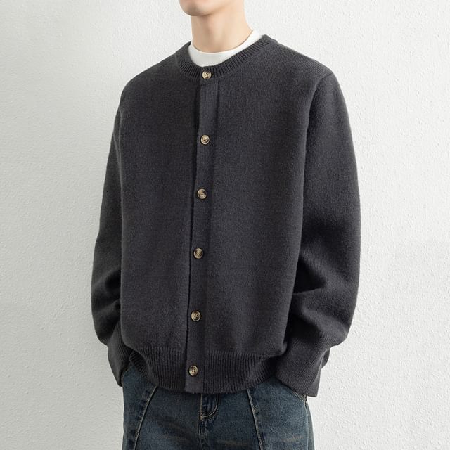 Double White-Crewneck Button-Up Plain Cardigan