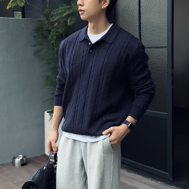 Double White-Long-Sleeve Cable Knit Plain Polo Shirt