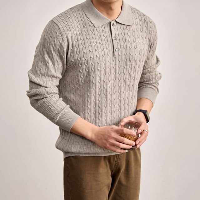 Double White-Long-Sleeve Cable Knit Plain Polo Shirt