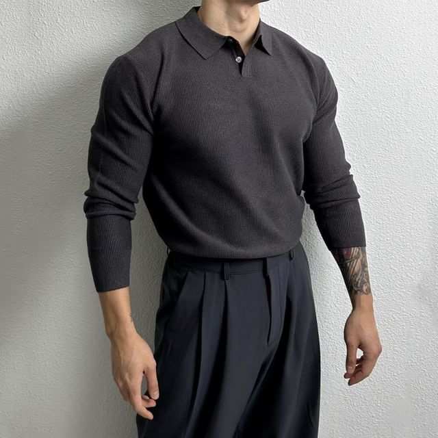 Double White-Long-Sleeve Plain Knit Polo Shirt