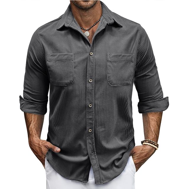 Double White-Long-Sleeve Plain Ribbed Pocket Front Shirt