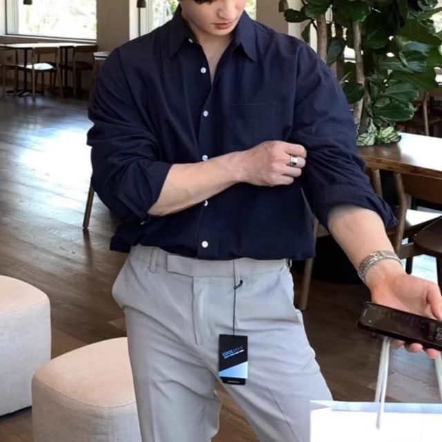 Double White-Long-Sleeve Pocketed Plain Shirt