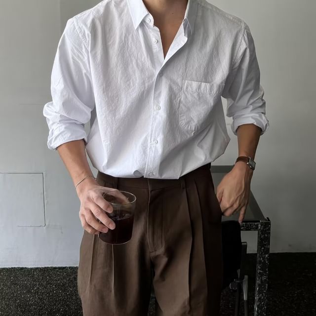 Double White-Long-Sleeve Pocketed Plain Shirt