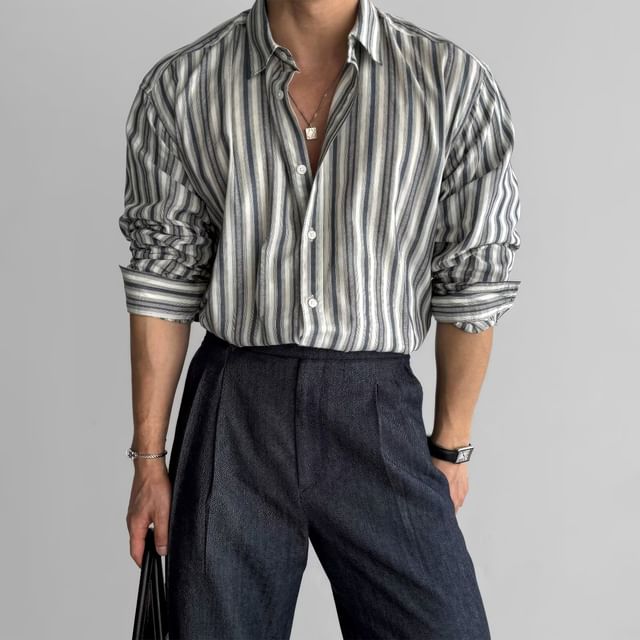 Double White-Long-Sleeve Shadow Stripe Shirt