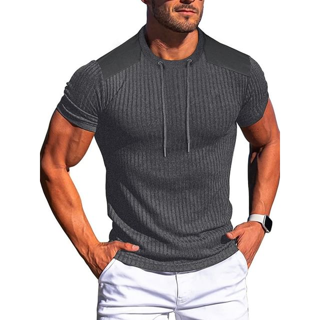 Double White-Short-Sleeve Round Neck Plain Ribbed T-Shirt