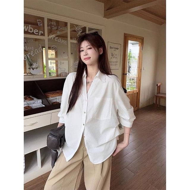 Dovitade-34-Sleeve V-Neck Collared Button-Up Plain Blouse