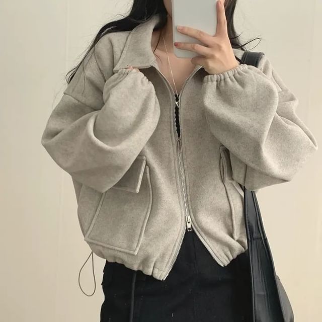 Dovitade-Collar Drawstring Hem Crop Zip Jacket