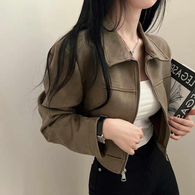 Dovitade-Collared Zip-Up Plain Faux Suede Crop Jacket