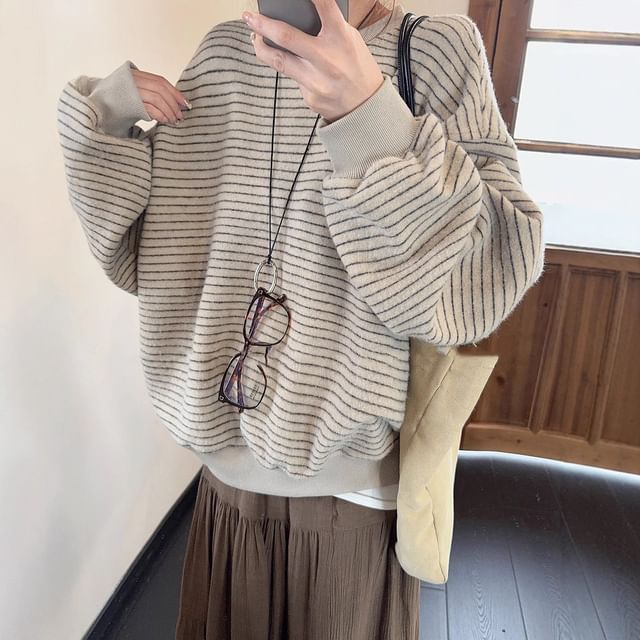 Dovitade-Crew Neck Drop Shoulder Striped Oversized Sweatshirt