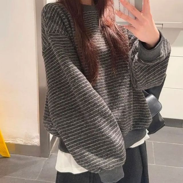 Dovitade-Crew Neck Drop Shoulder Striped Pullover