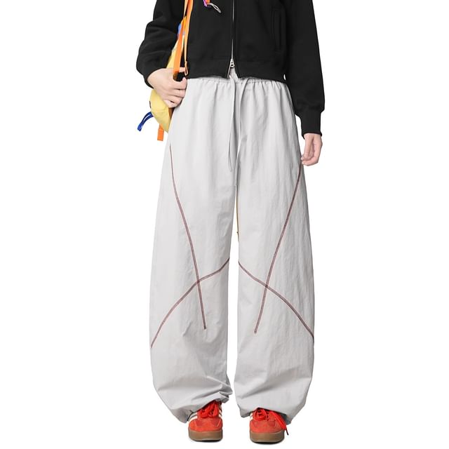 Dovitade-Drawstring Waist Contrast Stitch Baggy Pants