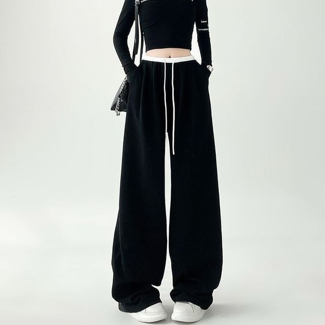 Dovitade-Drawstring Waist Contrast Trim Baggy Sweatpants