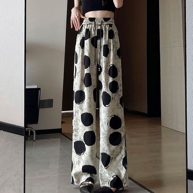 Dovitade-Drawstring Waist Dotted Wide Leg Pants
