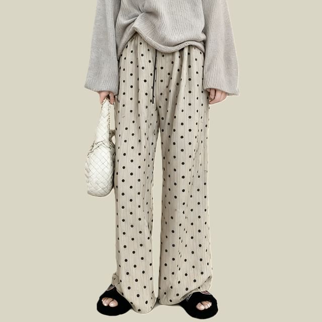Dovitade-Drawstring Waist Dotted Wide Leg Pants