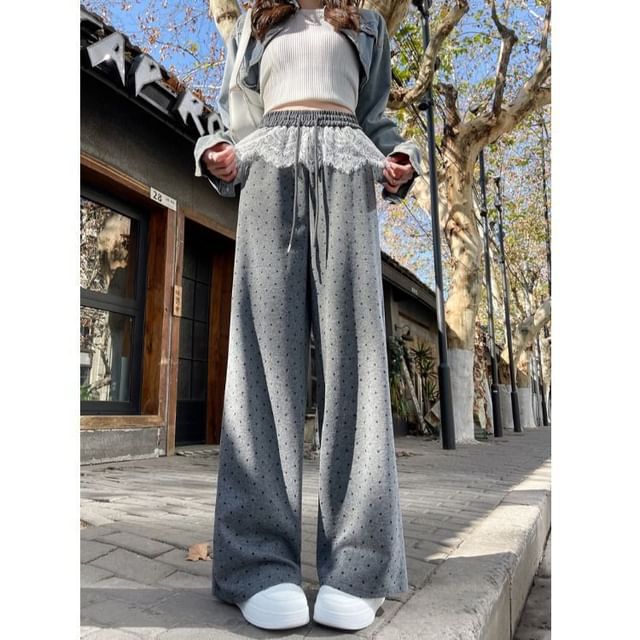 Dovitade-Drawstring Waist Lace Panel Dotted Wide Leg Pants