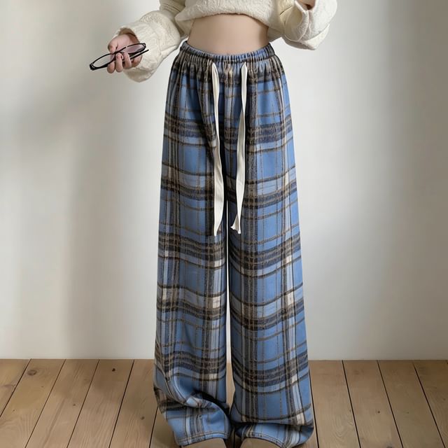 Dovitade-Drawstring Waist Plaid Baggy Pants