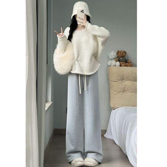 Dovitade-Drawstring Waist Plaid Loose Fit Pants
