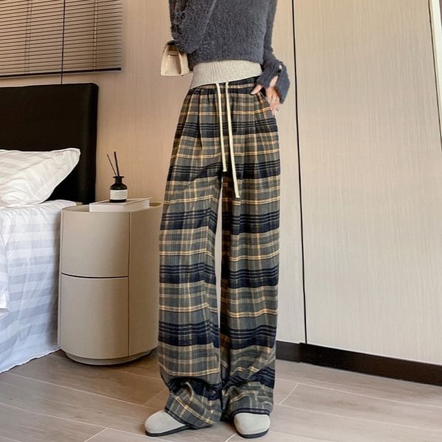 Dovitade-Drawstring Waist Plaid Wide Leg Pants