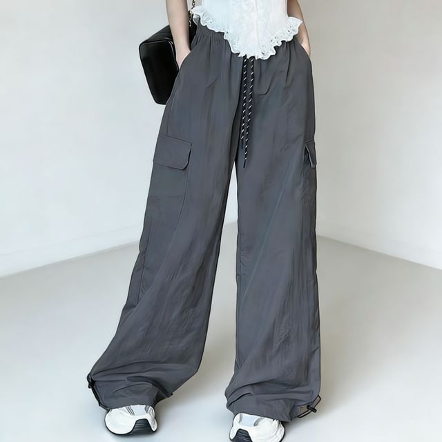 Dovitade-Drawstring Waist Plain Baggy Cargo Pants