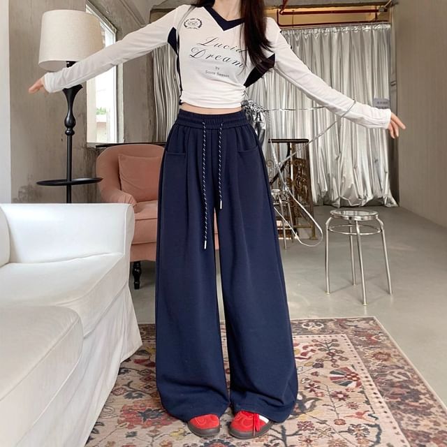 Dovitade-Drawstring Waist Plain Baggy Pants