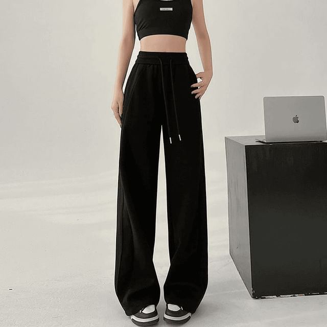 Dovitade-Drawstring Waist Plain Baggy Pants