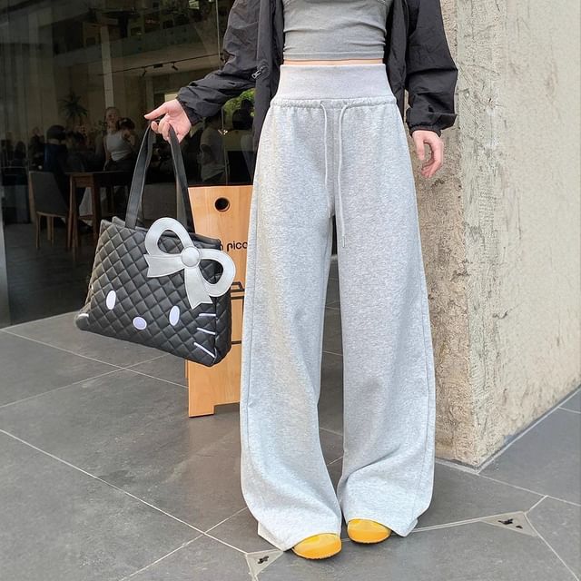 Dovitade-Drawstring Waist Plain Baggy Pants