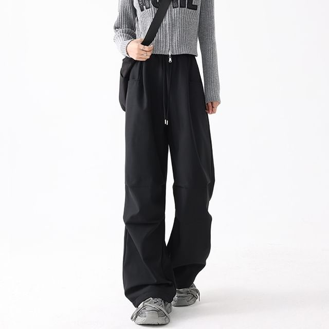 Dovitade-Drawstring Waist Plain Baggy Pants