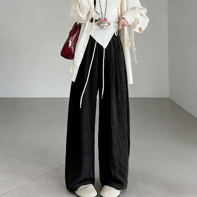 Dovitade-Drawstring Waist Plain Baggy Pants