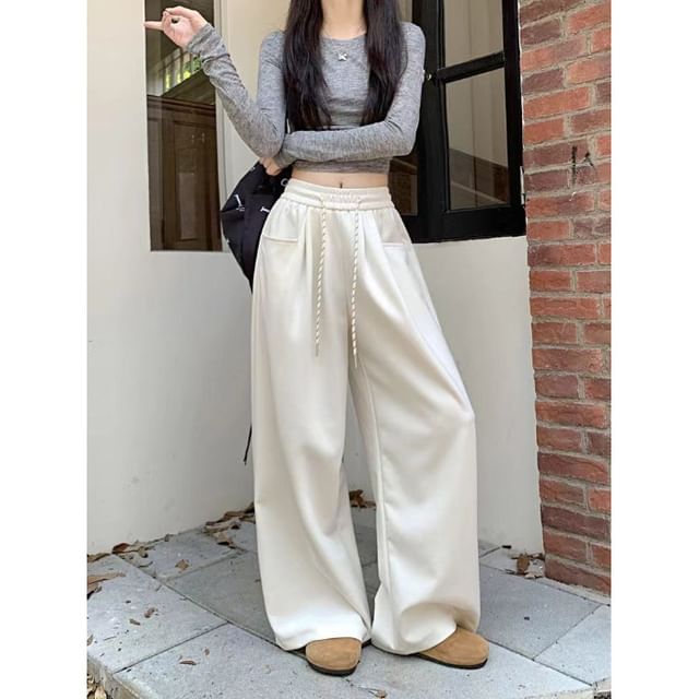 Dovitade-Drawstring Waist Plain Baggy Sweatpants