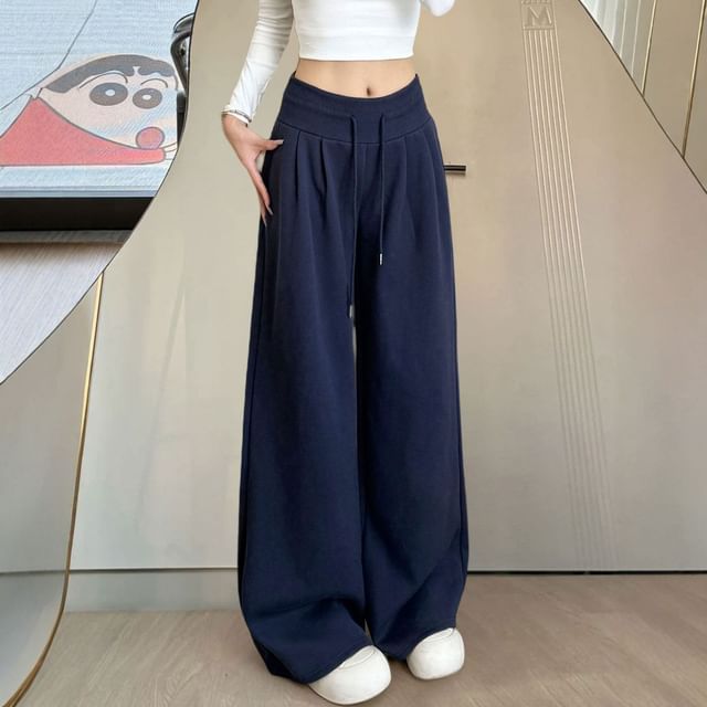 Dovitade-Drawstring Waist Plain Baggy Sweatpants