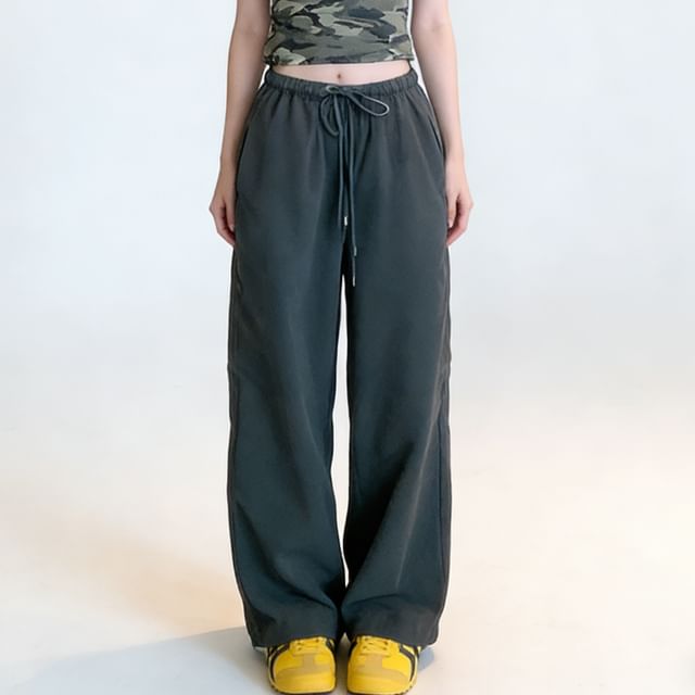 Dovitade-Drawstring Waist Plain Baggy Sweatpants