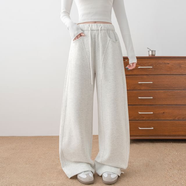 Dovitade-Drawstring Waist Plain Barrel Leg Baggy Sweatpants