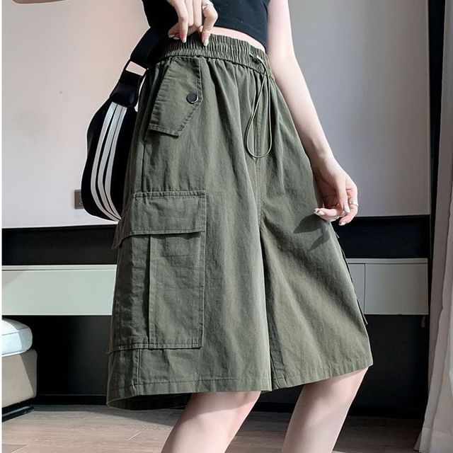 Dovitade-Drawstring Waist Plain Bermuda Cargo Shorts