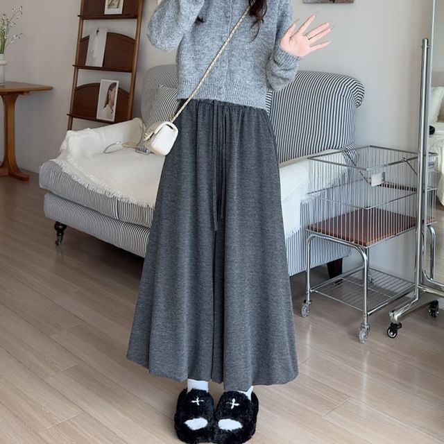 Dovitade-Drawstring Waist Plain Bubble Hem Cropped Wide leg Pants