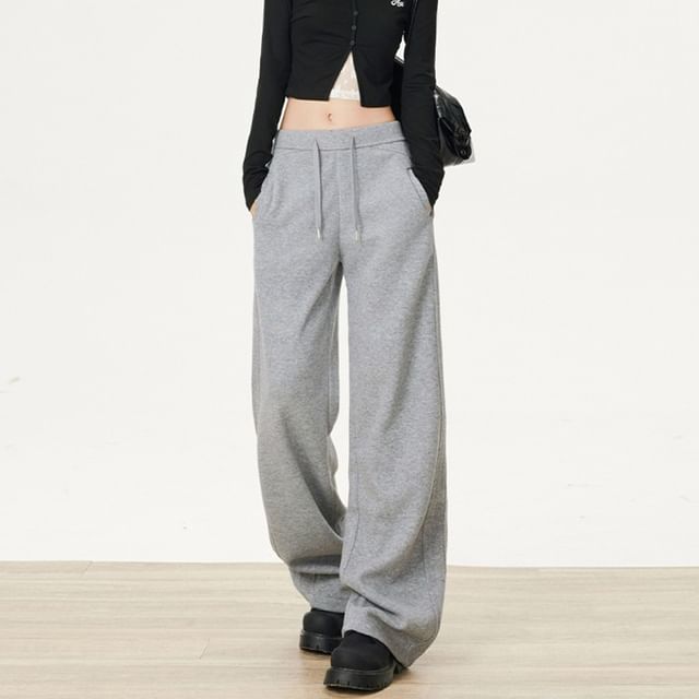 Dovitade-Drawstring Waist Plain Knit Baggy Pants