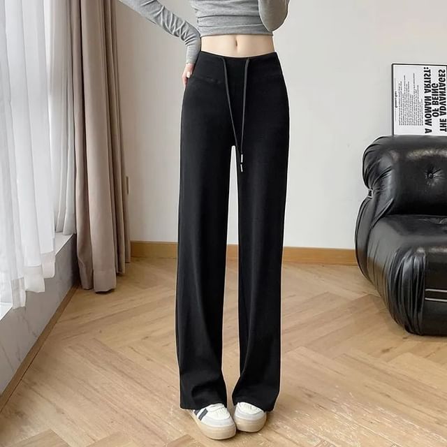 Dovitade-Drawstring Waist Plain Loose Fit Pants
