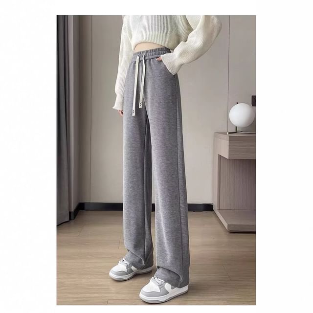 Dovitade-Drawstring Waist Plain Loose Fit Sweatpants