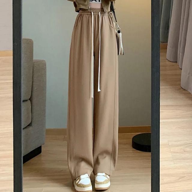 Dovitade-Drawstring Waist Plain Loose Fit Sweatpants