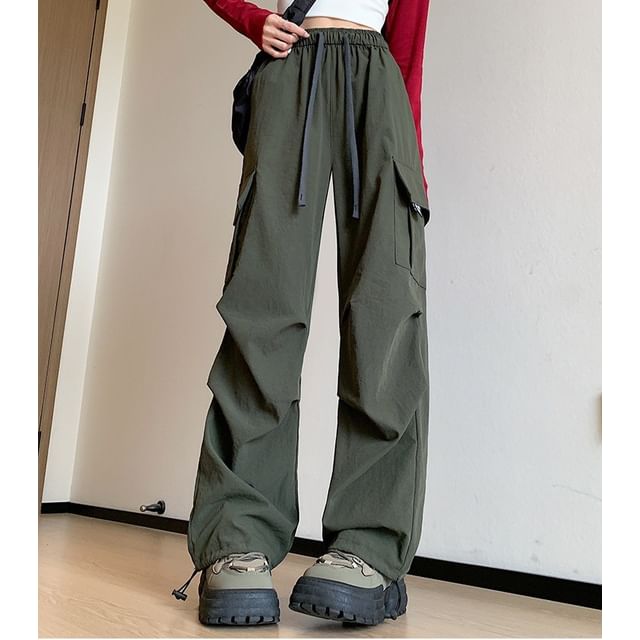 Dovitade-Drawstring Waist Plain Straight Leg Pants