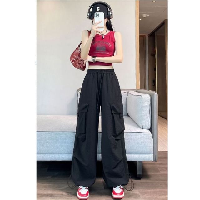 Dovitade-Drawstring Waist Plain Wide Leg Cargo Pants