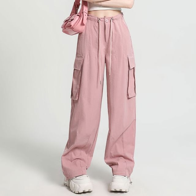 Dovitade-Drawstring Waist Plain Wide Leg Cargo Pants