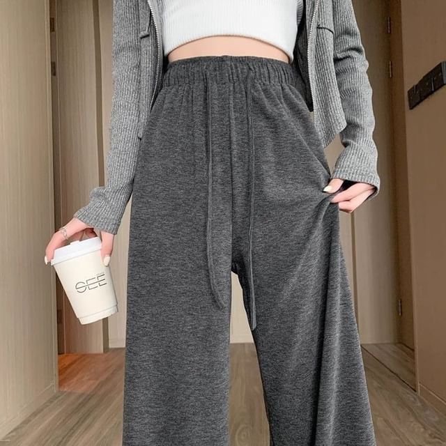 Dovitade-Drawstring Waist Plain Wide Leg Pants