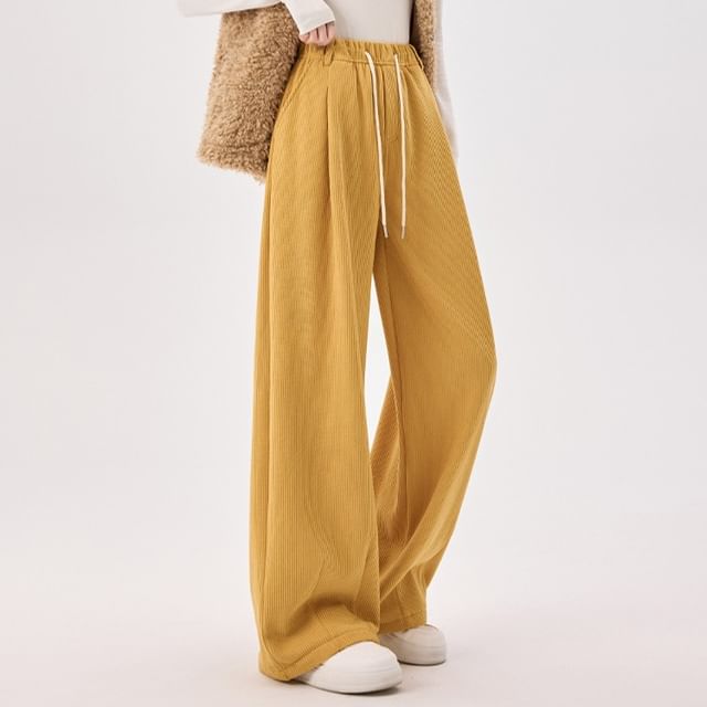 Dovitade-Drawstring Waist Plain Wide Leg Pants Various Designs