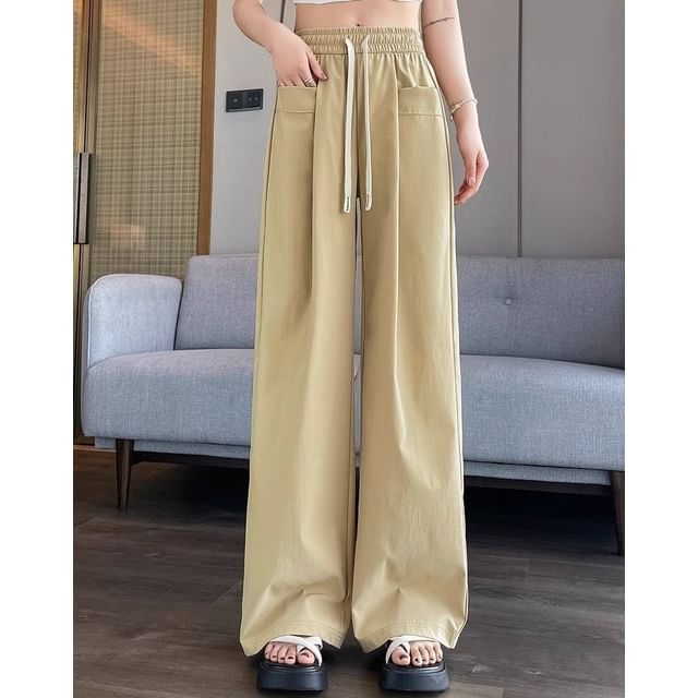 Dovitade-Drawstring Waist Plain Wide Leg Pants