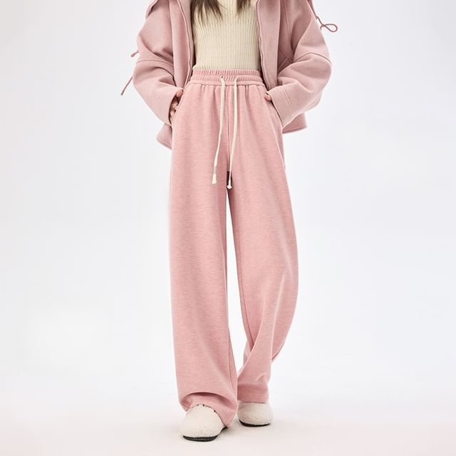 Dovitade-Drawstring Waist Plain Wide Leg Sweatpants